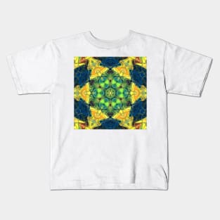 Mosaic Mandala Flower Green Yellow and Blue Kids T-Shirt